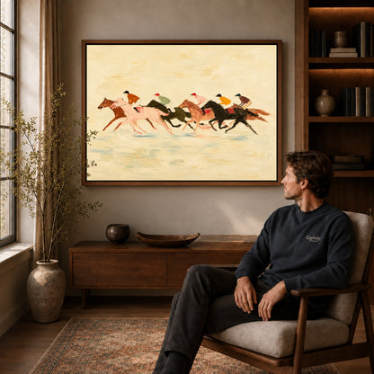 Walnut framed landscape galloping horse race canvas art above a seated man in a cozy wood furnished living room.