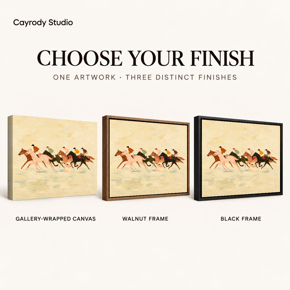 Galloping horse race canvas art finish chart showing gallery wrapped canvas, walnut frame, and black frame options.