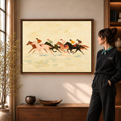 Walnut framed landscape galloping horse race canvas art room scene assigned to all six walnut framed canvas sizes.