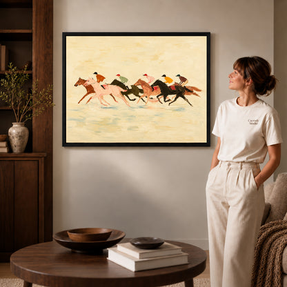 Black framed landscape galloping horse race canvas art room scene assigned to all six black framed canvas sizes.