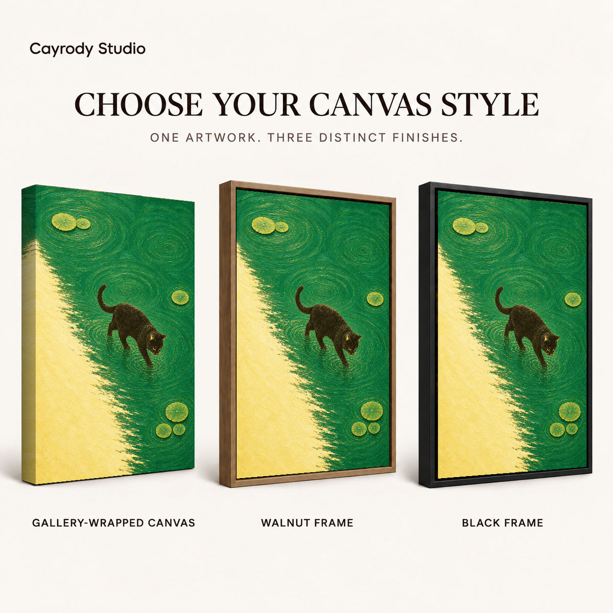Water walking cat canvas art finish chart showing gallery wrapped canvas, walnut frame, and black frame options.