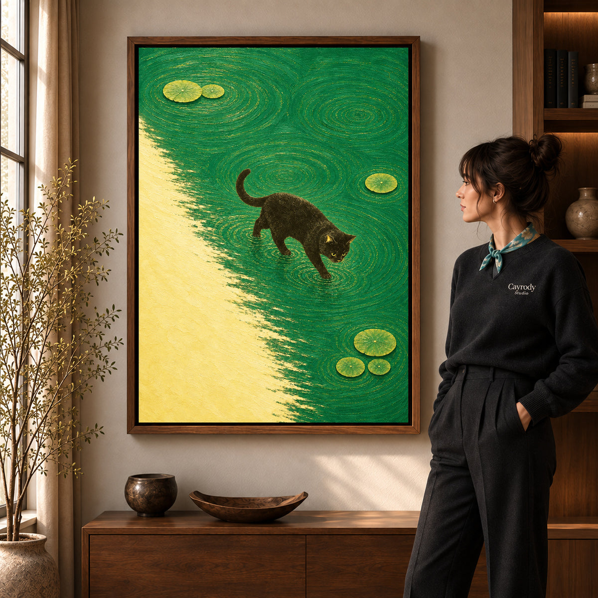 Walnut framed water walking cat canvas art room scene assigned to all six walnut framed canvas sizes.