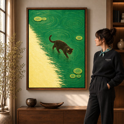 Walnut framed water walking cat canvas art room scene assigned to all six walnut framed canvas sizes.