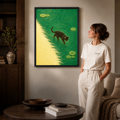 Black framed water walking cat canvas art room scene assigned to all six black framed canvas sizes.