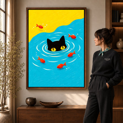 Swimming black cat canvas art in a walnut frame beside a woman in a warm living room.
