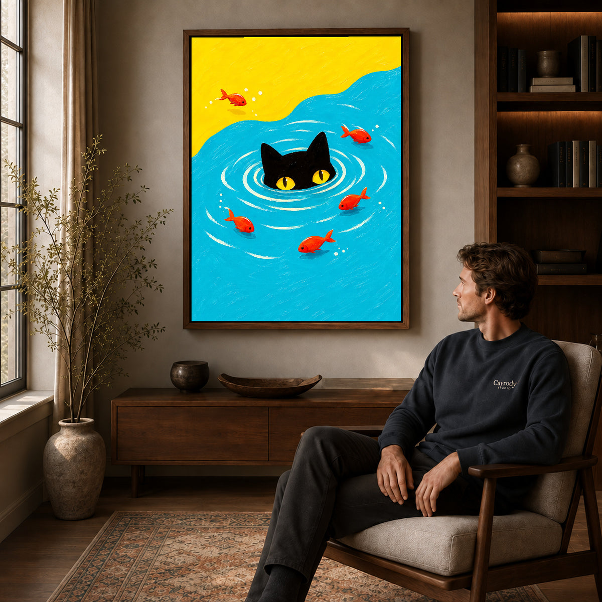 Walnut framed swimming black cat canvas art above a seated man in a cozy wood furnished living room.