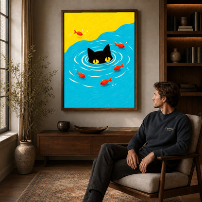Walnut framed swimming black cat canvas art above a seated man in a cozy wood furnished living room.