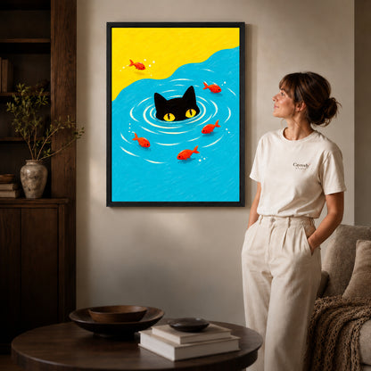 Black framed swimming black cat canvas art displayed beside a woman in a warm wood living room.