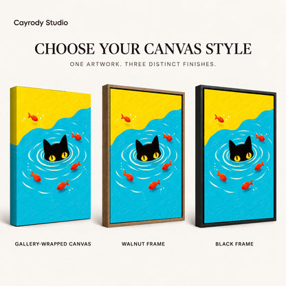 Swimming black cat canvas art finish chart showing gallery wrapped canvas, walnut frame, and black frame options.