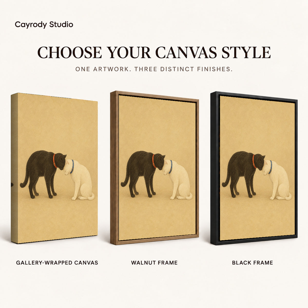 Tender cat companions canvas art finish chart showing gallery wrapped canvas, walnut frame, and black frame options.