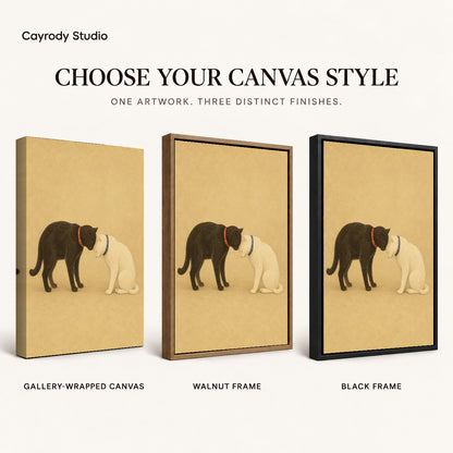 Tender cat companions canvas art finish chart showing gallery wrapped canvas, walnut frame, and black frame options.