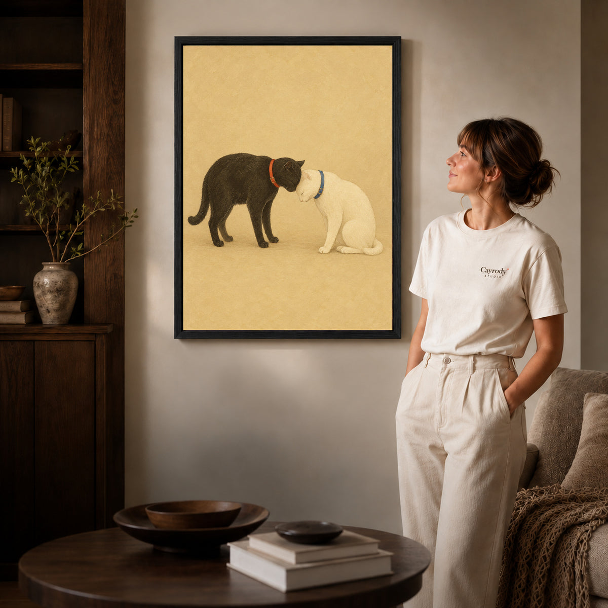 Black framed tender cat companions canvas art room scene assigned to all six black framed canvas sizes.