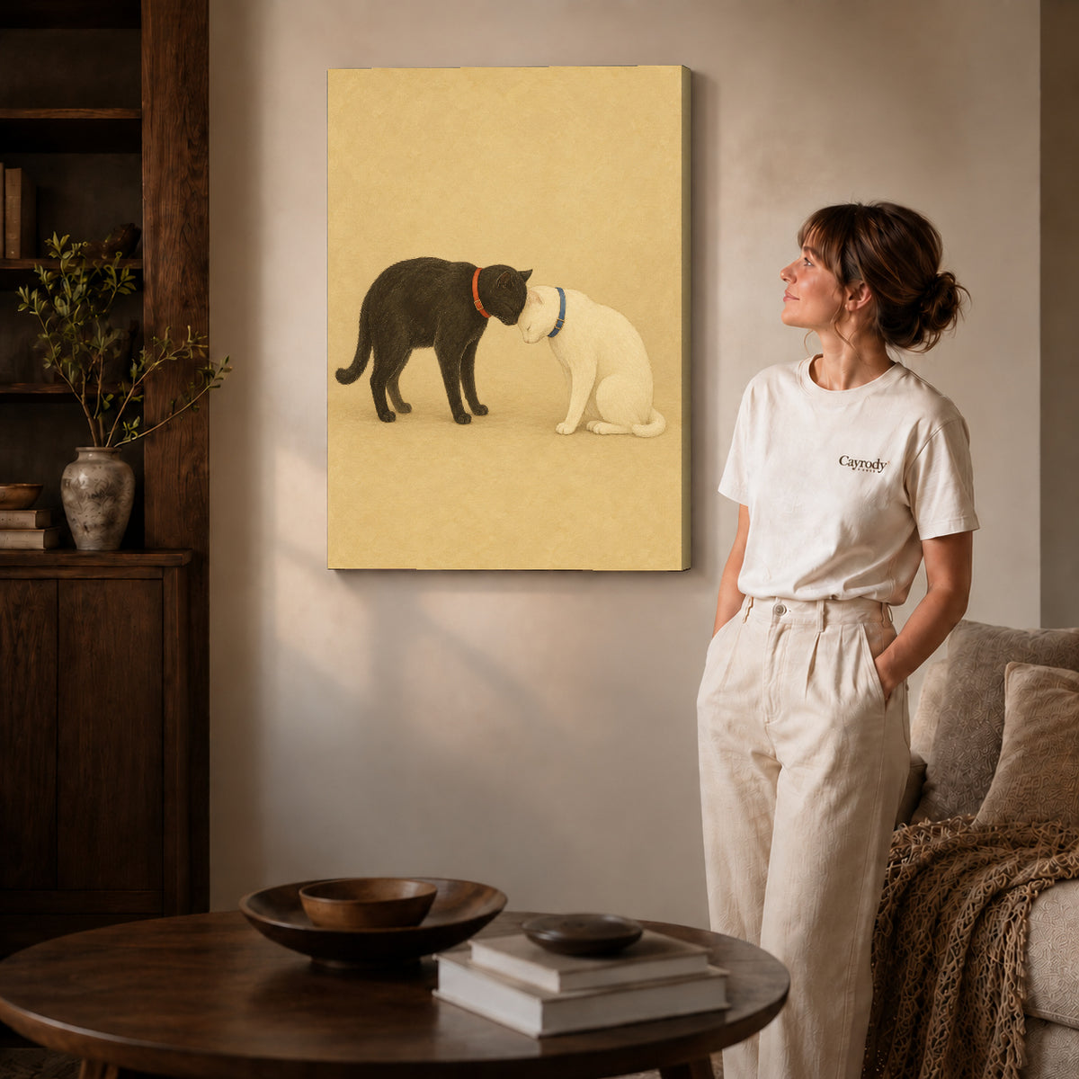 Gallery wrapped tender cat companions canvas art room scene assigned to all six unframed wrapped canvas sizes.