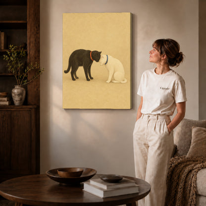 Gallery wrapped tender cat companions canvas art room scene assigned to all six unframed wrapped canvas sizes.
