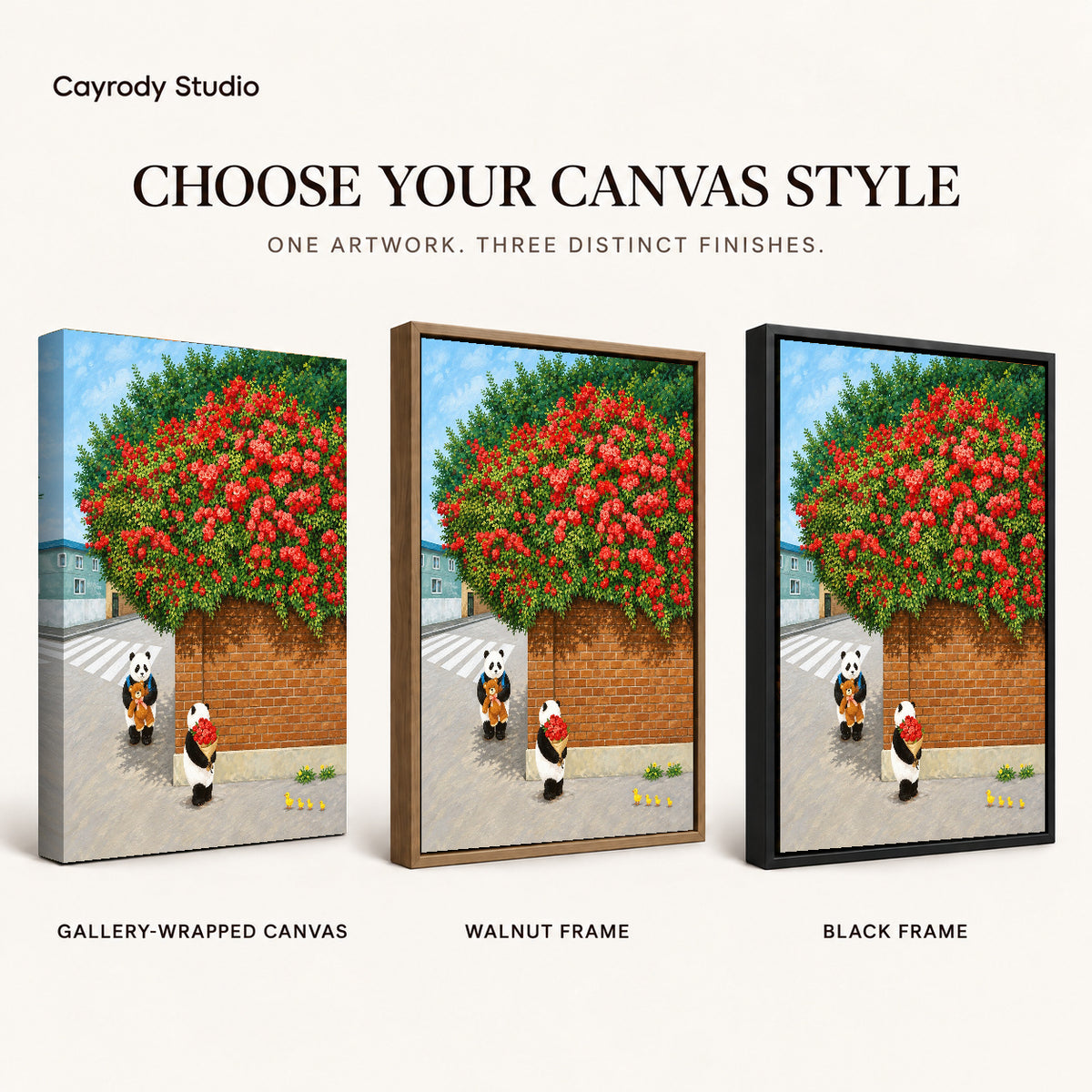 Panda rose bouquet canvas art finish chart showing gallery wrapped canvas, walnut frame, and black frame options.