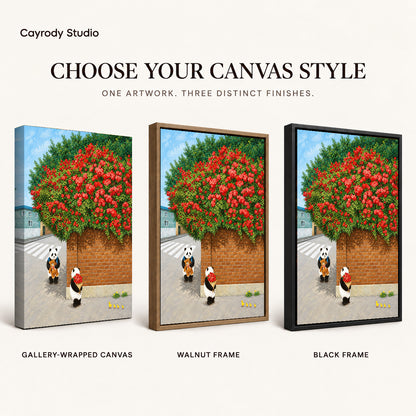 Panda rose bouquet canvas art finish chart showing gallery wrapped canvas, walnut frame, and black frame options.