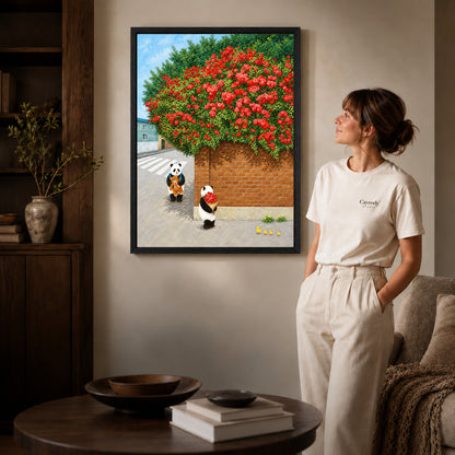 Black framed panda rose bouquet canvas art room scene assigned to all six black framed canvas sizes.