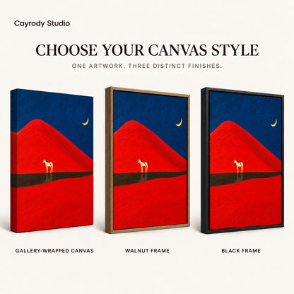 Red dune horse canvas art finish chart showing gallery wrapped canvas, walnut frame, and black frame options.