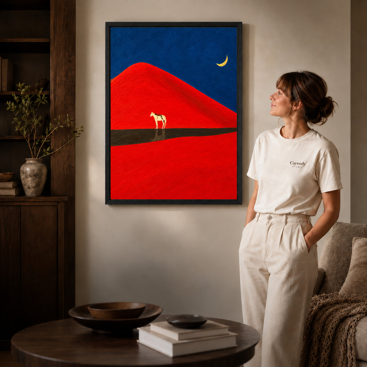 Black framed red dune horse canvas art room scene assigned to all six black framed canvas sizes.