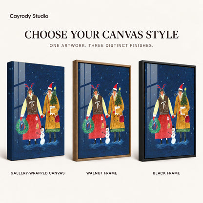 Folk Christmas canvas art compared across gallery-wrapped canvas, walnut frame, and black frame finishes.