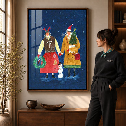 Folk Christmas canvas art shown in the walnut frame option within a warm living room.