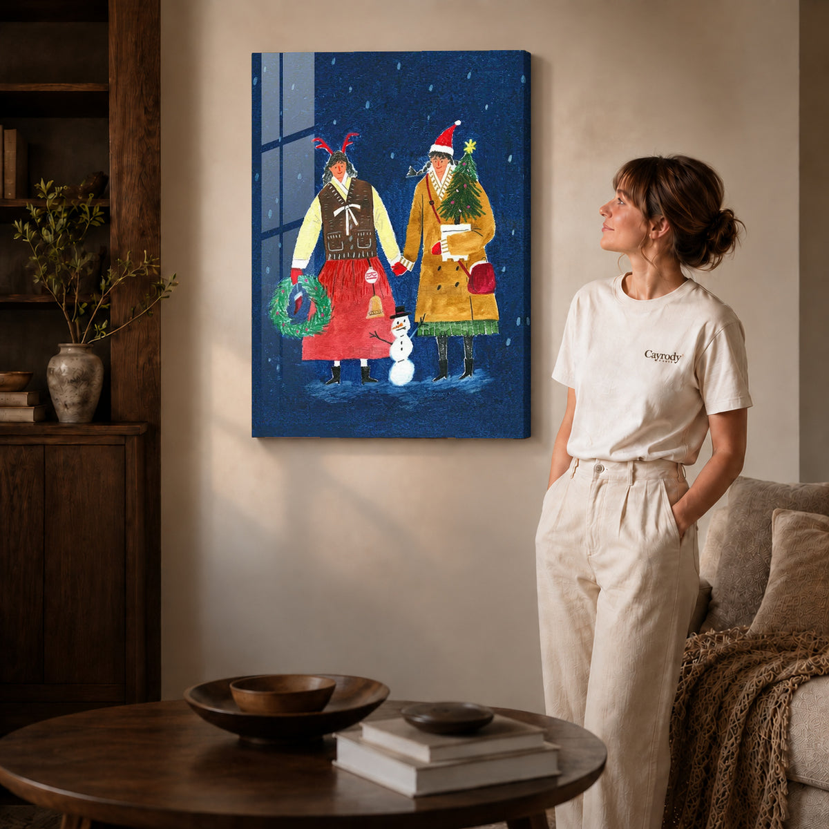 Folk Christmas canvas art shown in the gallery-wrapped option with visible depth and warm surroundings.