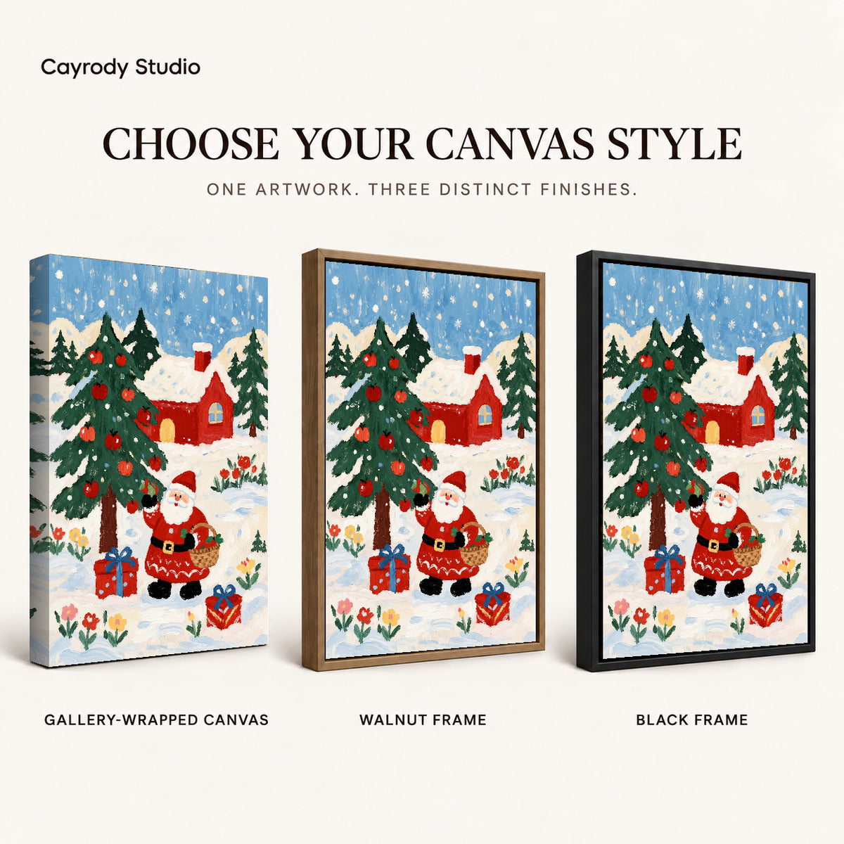 Folk Santa canvas art compared across gallery-wrapped canvas, walnut frame, and black frame finishes.