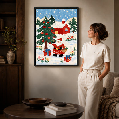 Folk Santa canvas art shown in the black frame option against a softly lit wall.