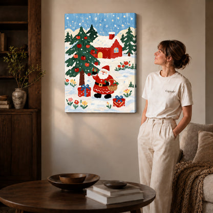 Folk Santa canvas art shown in the gallery-wrapped option with visible depth and warm surroundings.