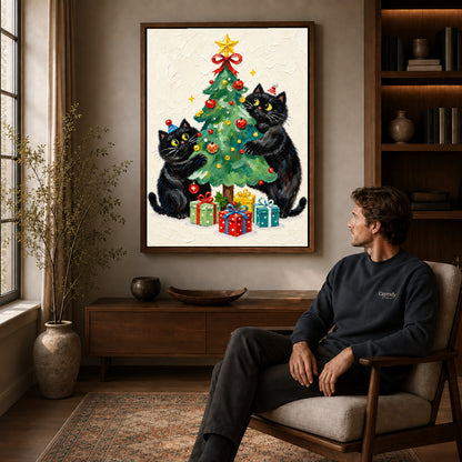 Christmas cats canvas art in a walnut frame above a console beside a seated man.