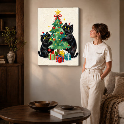 Christmas cats canvas art on gallery-wrapped canvas with natural edge shading beside a standing woman.