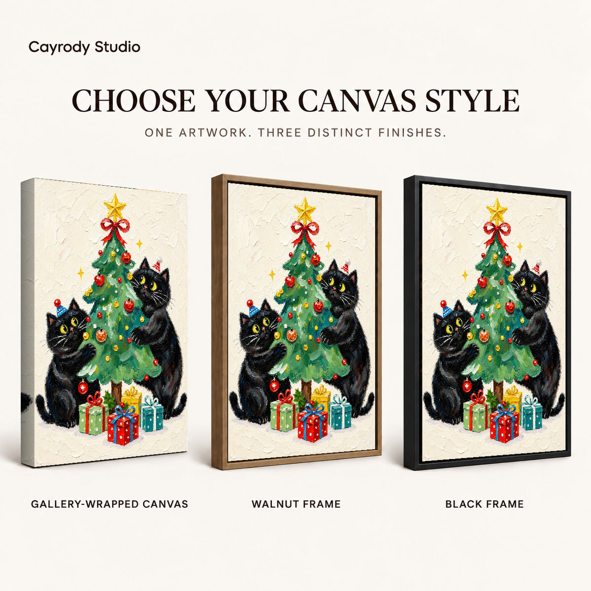 Christmas cats canvas art compared across gallery-wrapped canvas, walnut frame, and black frame finishes.