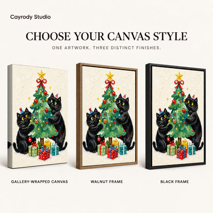 Christmas cats canvas art compared across gallery-wrapped canvas, walnut frame, and black frame finishes.