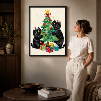 Christmas cats canvas art shown in the black frame option against a softly lit wall.