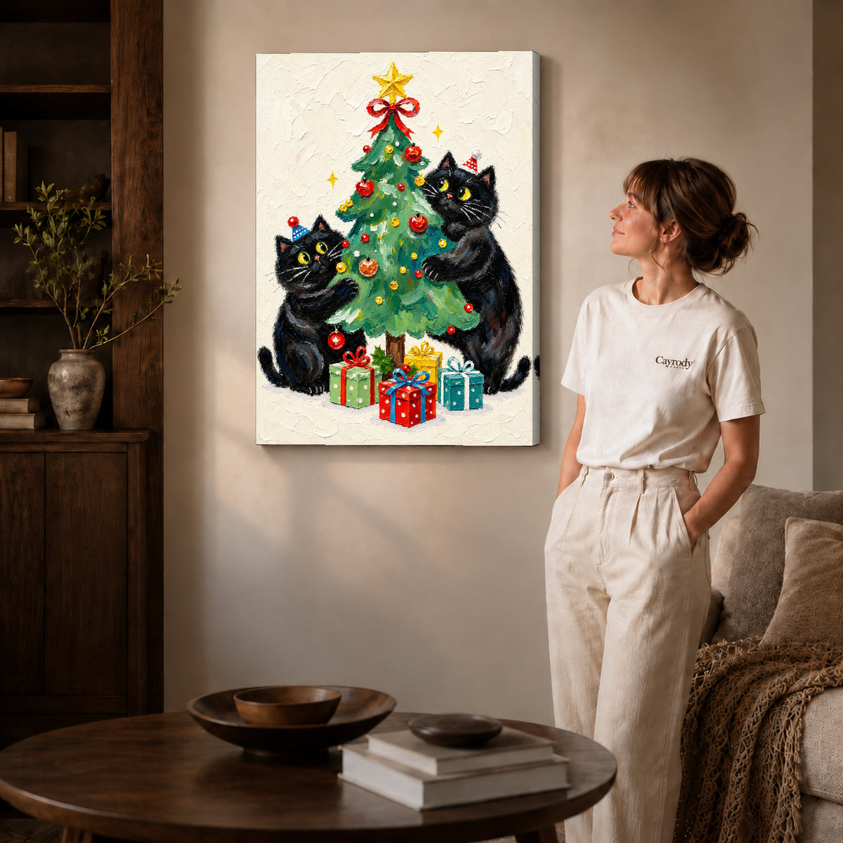 Christmas cats canvas art shown in the gallery-wrapped option with visible depth and warm surroundings.