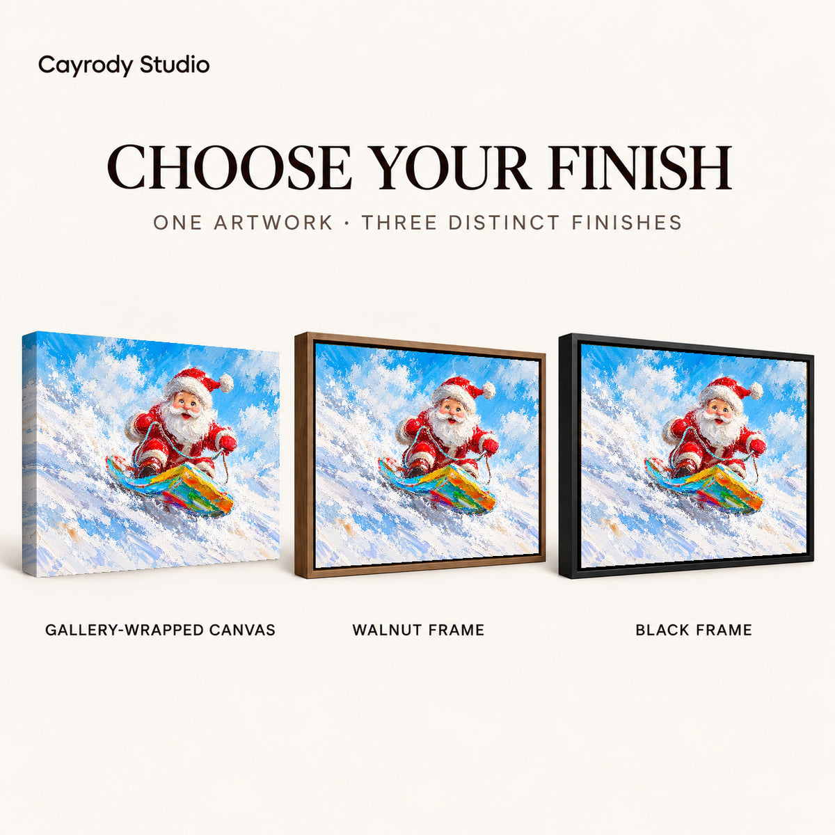 Snowboard Santa canvas art compared across gallery-wrapped canvas, walnut frame, and black frame finishes.