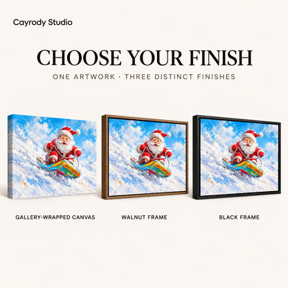 Snowboard Santa canvas art compared across gallery-wrapped canvas, walnut frame, and black frame finishes.