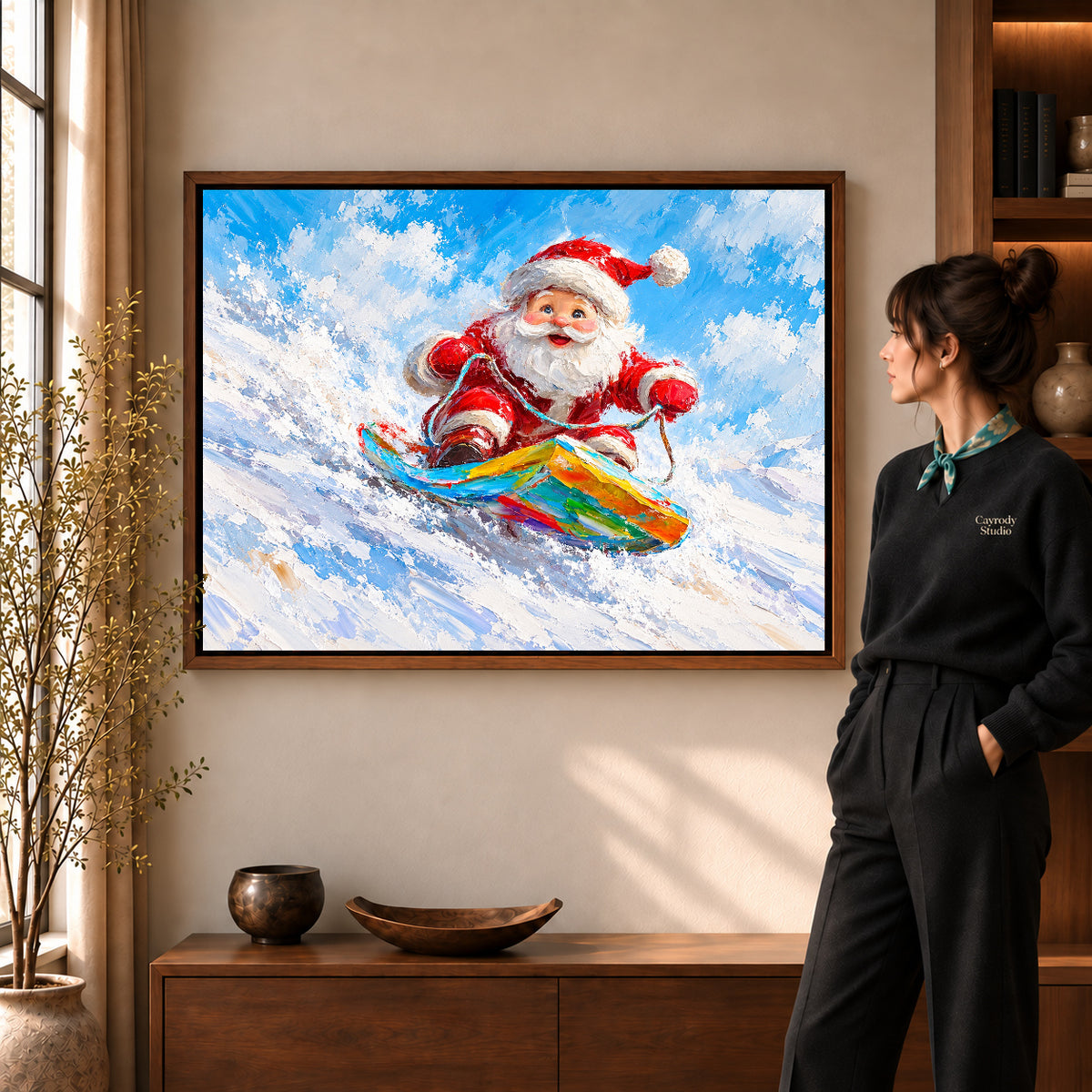 Snowboard Santa canvas art shown in the walnut frame option within a warm living room.