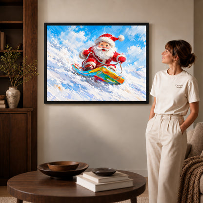 Snowboard Santa canvas art shown in the black frame option against a softly lit wall.