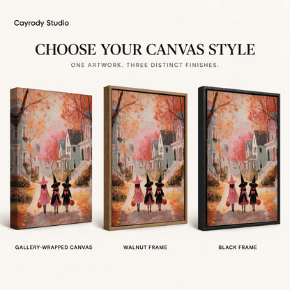 Little witches canvas art compared across gallery-wrapped canvas, walnut frame, and black frame finishes.