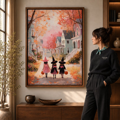 Little witches canvas art shown in the walnut frame option within a warm living room.