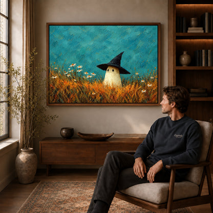 Meadow ghost canvas art in a walnut frame above a console beside a seated man.