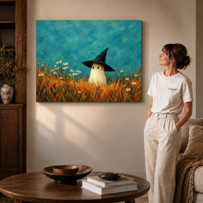 Meadow ghost canvas art on gallery-wrapped canvas with natural edge shading beside a standing woman.