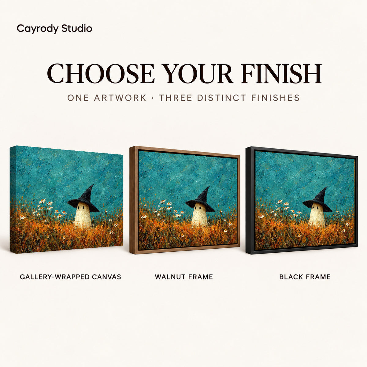 Meadow ghost canvas art compared across gallery-wrapped canvas, walnut frame, and black frame finishes.