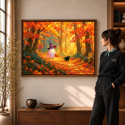 Autumn ghost canvas art in a walnut frame beside a standing woman and wooden console.