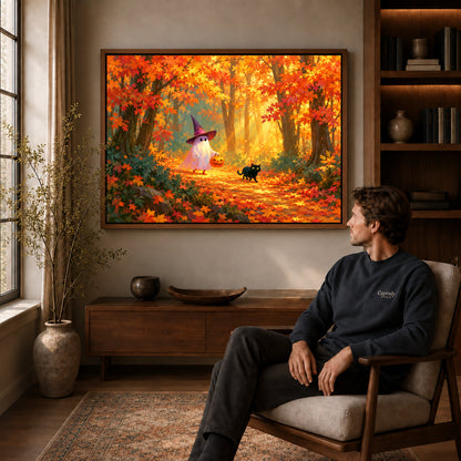Autumn ghost canvas art in a walnut frame above a console beside a seated man.
