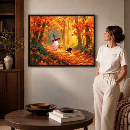 Autumn ghost canvas art in a black frame beside a woman and round wooden table.