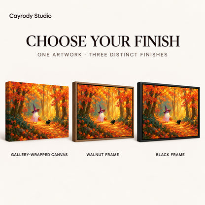 Autumn ghost canvas art compared across gallery-wrapped canvas, walnut frame, and black frame finishes.