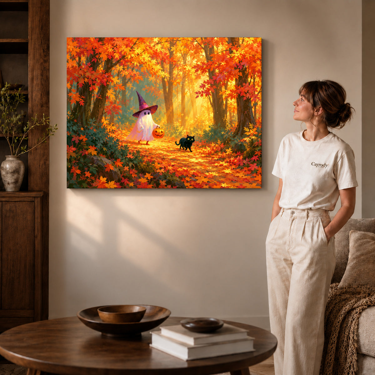 Autumn ghost canvas art shown in the gallery-wrapped option with visible depth and warm surroundings.