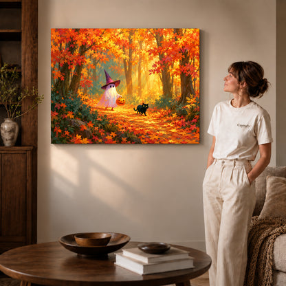 Autumn ghost canvas art shown in the gallery-wrapped option with visible depth and warm surroundings.